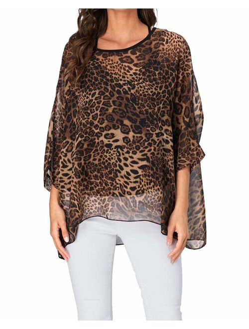 Rokou Women Chiffon Blouse Floral Batwing Sleeve Beach Loose Tunic Shirt Tops