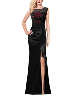 VFSHOW Formal Mesh Embroidery Ruched Ruffles High Slit Evening Prom Wedding Party Maxi Dress