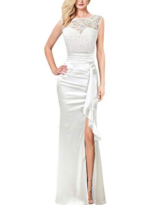 VFSHOW Formal Mesh Embroidery Ruched Ruffles High Slit Evening Prom Wedding Party Maxi Dress