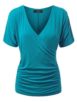 MBJ Womens V Neck Short Sleeve Wrap Front Drape Dolman Top - Made in USA