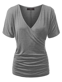 MBJ Womens V Neck Short Sleeve Wrap Front Drape Dolman Top - Made in USA