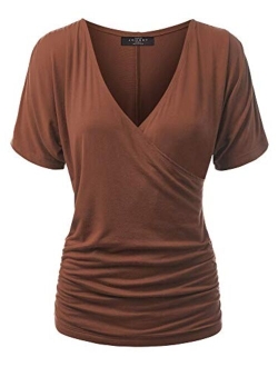 MBJ Womens V Neck Short Sleeve Wrap Front Drape Dolman Top - Made in USA