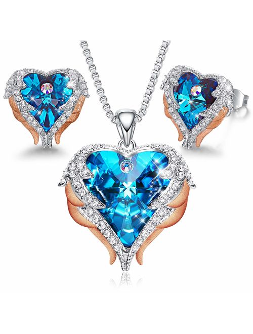 CDE Angel Wing Heart Necklaces and Earrings Christmas Jewelry Gifts Embellished with Crystals from Swarovski 18K White Gold Plated Jewelry Set for Women