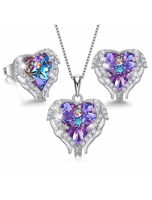 CDE Angel Wing Heart Necklaces and Earrings Christmas Jewelry Gifts Embellished with Crystals from Swarovski 18K White Gold Plated Jewelry Set for Women