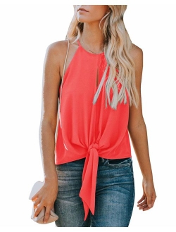 Topstype Women's Summer Sleeveless Crew Neck Tank Tops Camis Front Tie Knot Casual Shirt Keyhole Front Blouse