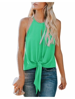 Topstype Women's Summer Sleeveless Crew Neck Tank Tops Camis Front Tie Knot Casual Shirt Keyhole Front Blouse
