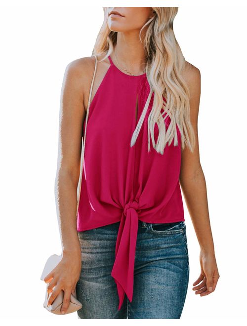 Topstype Women's Summer Sleeveless Crew Neck Tank Tops Camis Front Tie Knot Casual Shirt Keyhole Front Blouse