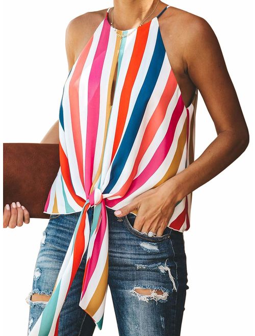 Topstype Women's Summer Sleeveless Crew Neck Tank Tops Camis Front Tie Knot Casual Shirt Keyhole Front Blouse