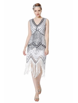 Metme Women's Flapper Dress 1920s V Neck Beaded Fringed Gatsby Theme Roaring 20s Dress for Prom