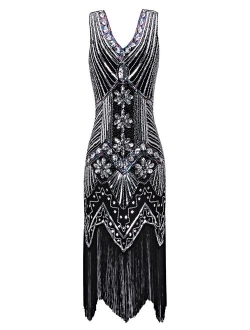 Metme Women's Flapper Dress 1920s V Neck Beaded Fringed Gatsby Theme Roaring 20s Dress for Prom