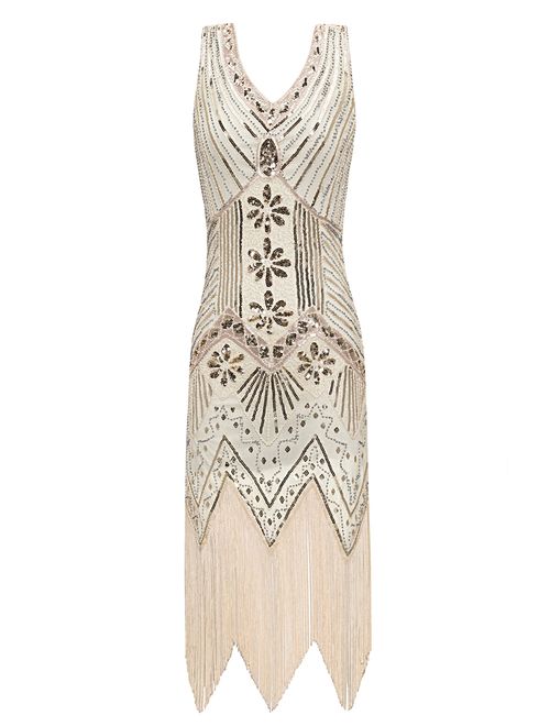 Metme Women's Flapper Dress 1920s V Neck Beaded Fringed Gatsby Theme Roaring 20s Dress for Prom