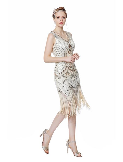 Metme Women's Flapper Dress 1920s V Neck Beaded Fringed Gatsby Theme Roaring 20s Dress for Prom