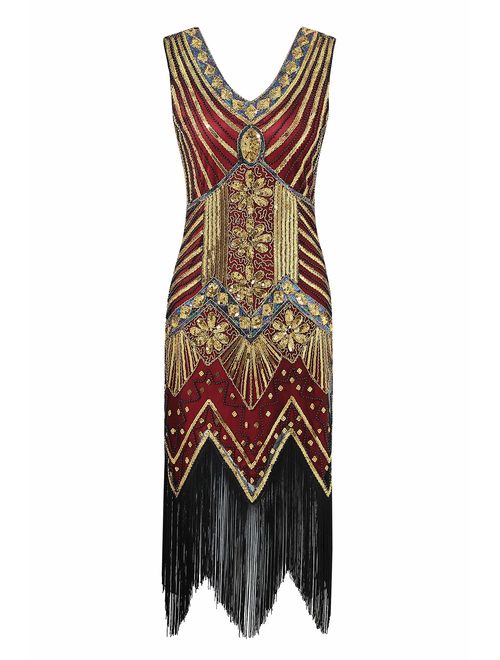 Metme Women's Flapper Dress 1920s V Neck Beaded Fringed Gatsby Theme Roaring 20s Dress for Prom