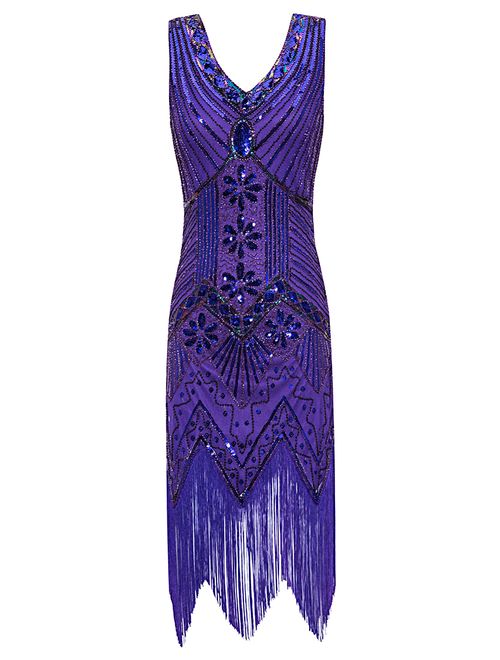 Metme Women's Flapper Dress 1920s V Neck Beaded Fringed Gatsby Theme Roaring 20s Dress for Prom