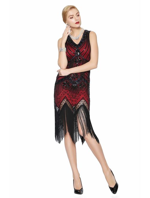 Metme Women's Flapper Dress 1920s V Neck Beaded Fringed Gatsby Theme Roaring 20s Dress for Prom