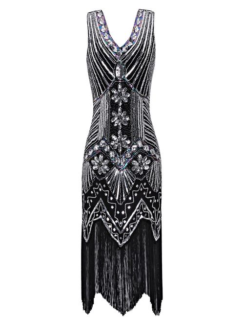 Metme Women's Flapper Dress 1920s V Neck Beaded Fringed Gatsby Theme Roaring 20s Dress for Prom