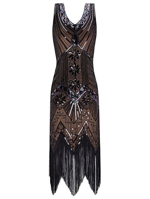 Metme Women's Flapper Dress 1920s V Neck Beaded Fringed Gatsby Theme Roaring 20s Dress for Prom