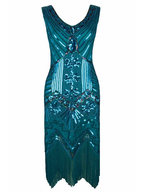 Metme Women's Flapper Dress 1920s V Neck Beaded Fringed Gatsby Theme Roaring 20s Dress for Prom