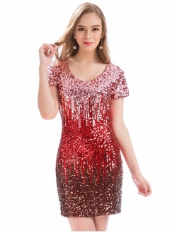 MANER Women's Sequin Glitter Short Sleeve Dress Sexy Embellished V Neck Mini Party Club Bodycon Dresses