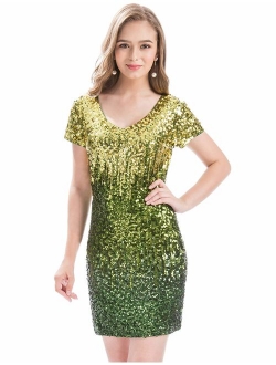 MANER Women's Sequin Glitter Short Sleeve Dress Sexy Embellished V Neck Mini Party Club Bodycon Dresses