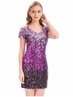 MANER Women's Sequin Glitter Short Sleeve Dress Sexy Embellished V Neck Mini Party Club Bodycon Dresses