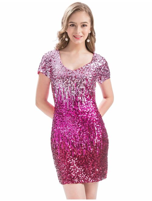 MANER Women's Sequin Glitter Short Sleeve Dress Sexy Embellished V Neck Mini Party Club Bodycon Dresses