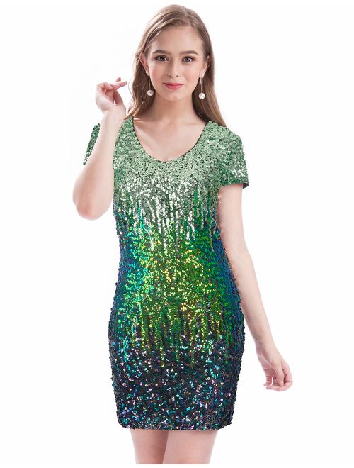 MANER Women's Sequin Glitter Short Sleeve Dress Sexy Embellished V Neck Mini Party Club Bodycon Dresses