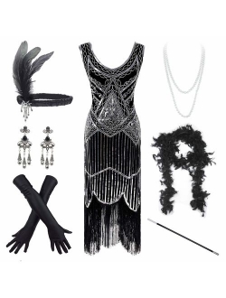 Women's Vintage 1920s Sequin Beaded Tassels Hem Flapper Dress w/Accessories Set