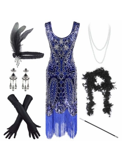 Women's Vintage 1920s Sequin Beaded Tassels Hem Flapper Dress w/Accessories Set