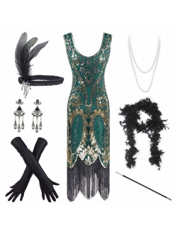 Women's Vintage 1920s Sequin Beaded Tassels Hem Flapper Dress w/Accessories Set