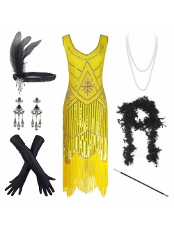 Women's Vintage 1920s Sequin Beaded Tassels Hem Flapper Dress w/Accessories Set