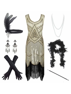 Women's Vintage 1920s Sequin Beaded Tassels Hem Flapper Dress w/Accessories Set