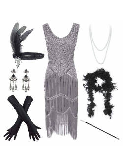 Women's Vintage 1920s Sequin Beaded Tassels Hem Flapper Dress w/Accessories Set