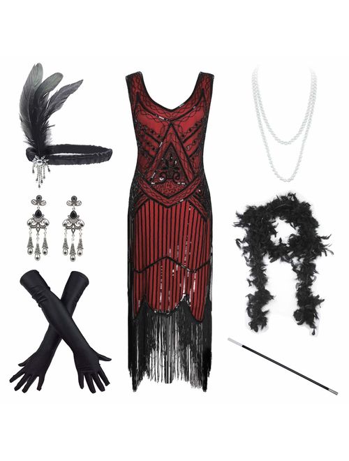 Women's Vintage 1920s Sequin Beaded Tassels Hem Flapper Dress w/Accessories Set