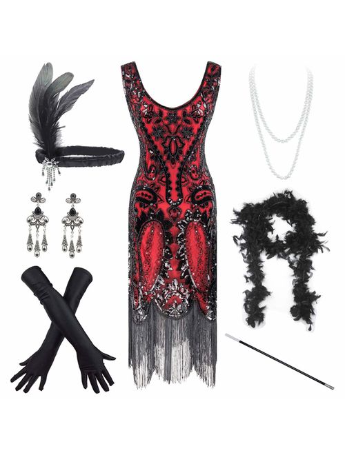 Women's Vintage 1920s Sequin Beaded Tassels Hem Flapper Dress w/Accessories Set