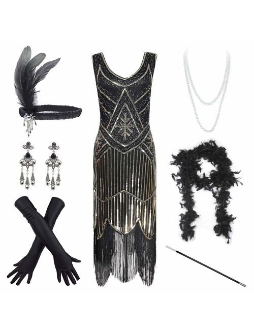 Women's Vintage 1920s Sequin Beaded Tassels Hem Flapper Dress w/Accessories Set