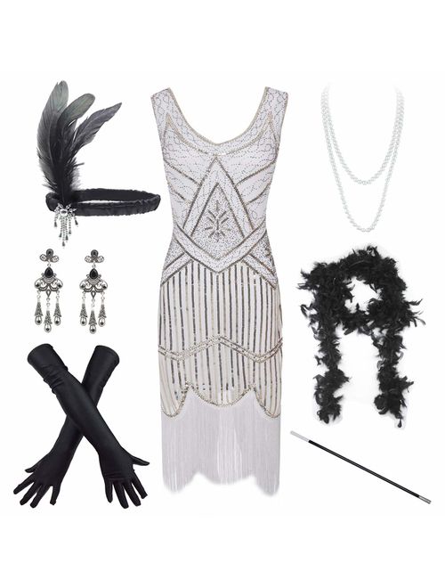 Women's Vintage 1920s Sequin Beaded Tassels Hem Flapper Dress w/Accessories Set