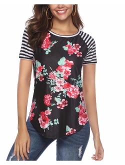 KufvWomens Prints Florals 3/4 Sleeve Crew Neck Top Tshirt