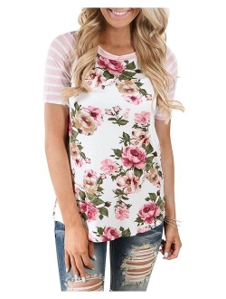 KufvWomens Prints Florals 3/4 Sleeve Crew Neck Top Tshirt