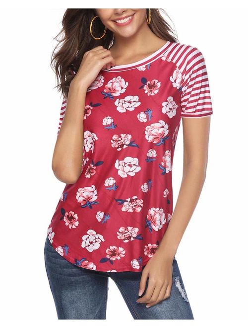 KufvWomens Prints Florals 3/4 Sleeve Crew Neck Top Tshirt