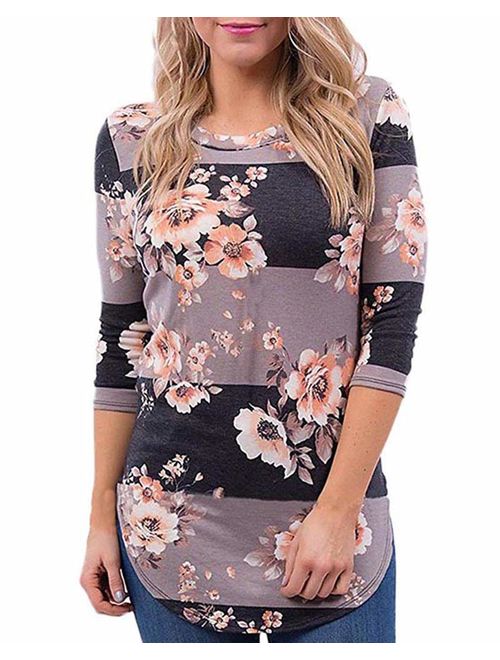 KufvWomens Prints Florals 3/4 Sleeve Crew Neck Top Tshirt