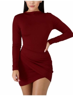 BORIFLORS Women's Sexy Wrap Front Long Sleeve Ruched Bodycon Mini Club Dress