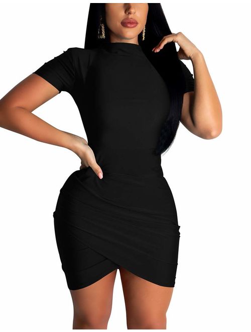 BORIFLORS Women's Sexy Wrap Front Long Sleeve Ruched Bodycon Mini Club Dress