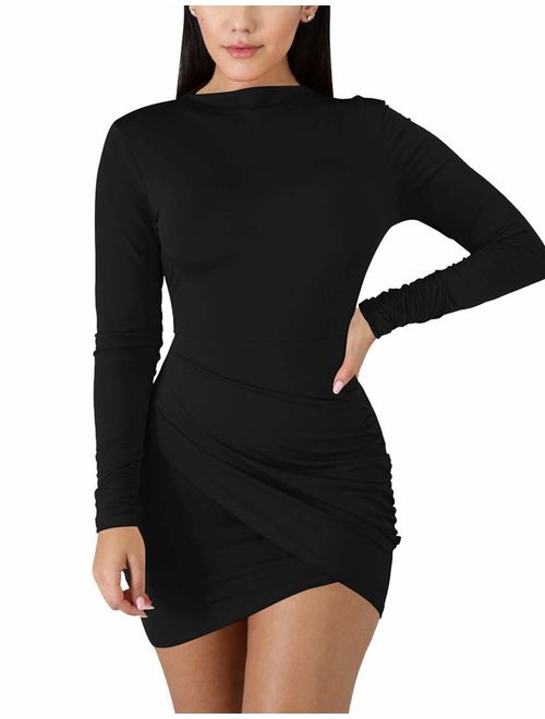 BORIFLORS Women's Sexy Wrap Front Long Sleeve Ruched Bodycon Mini Club Dress