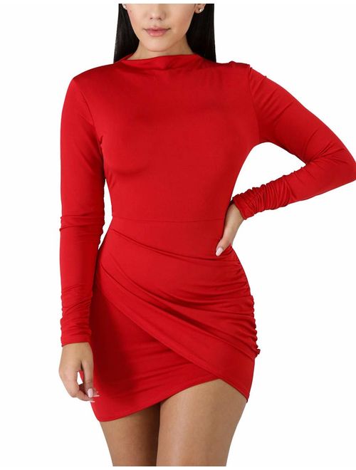 BORIFLORS Women's Sexy Wrap Front Long Sleeve Ruched Bodycon Mini Club Dress