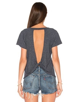 Women's Sexy Backless Short Sleeve Top Back Knot Casual Shirt Tee