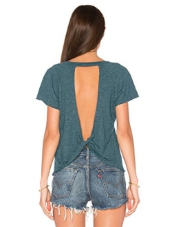 Women's Sexy Backless Short Sleeve Top Back Knot Casual Shirt Tee