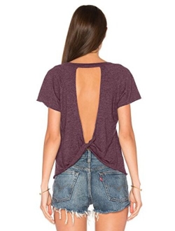 Women's Sexy Backless Short Sleeve Top Back Knot Casual Shirt Tee