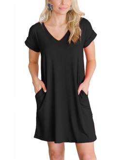 iGENJUN Women's Summer Cuffed Sleeve V Neck T Shirt Swing Dress with Pocket