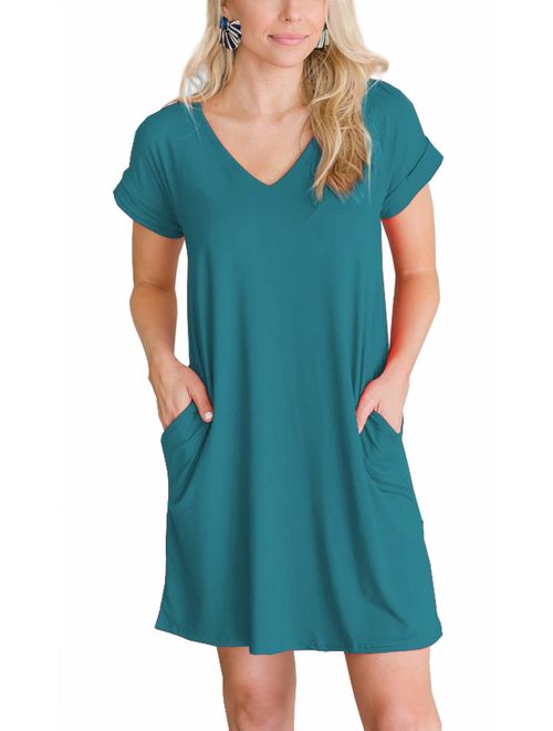 iGENJUN Women's Summer Cuffed Sleeve V Neck T Shirt Swing Dress with Pocket